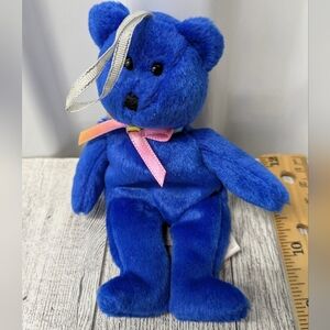 Ty Clubby Blue Teddy Bear with Pink Ribbon